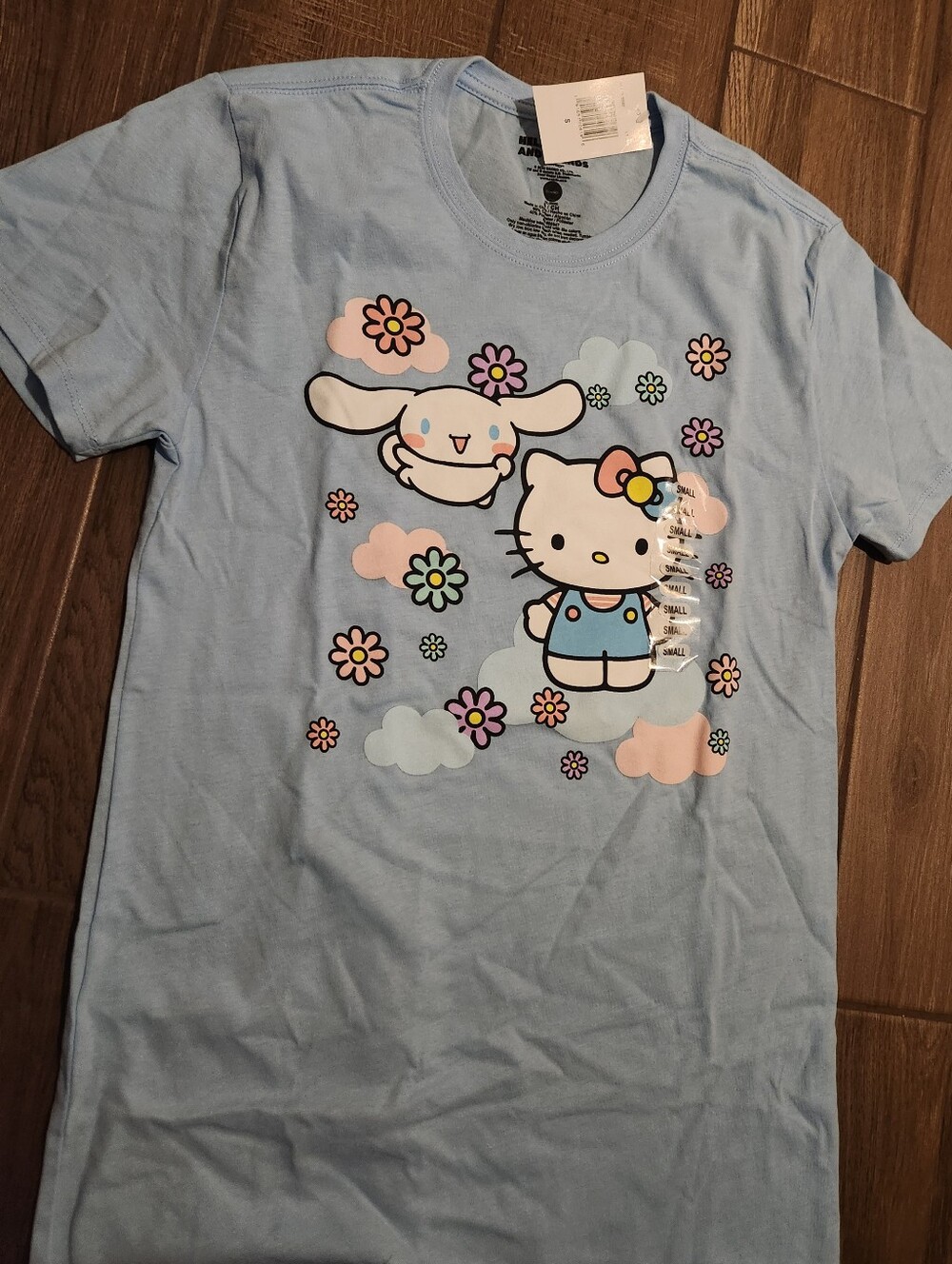 Hello Kitty Light Blue Graphic Tee with Pastel Flowers